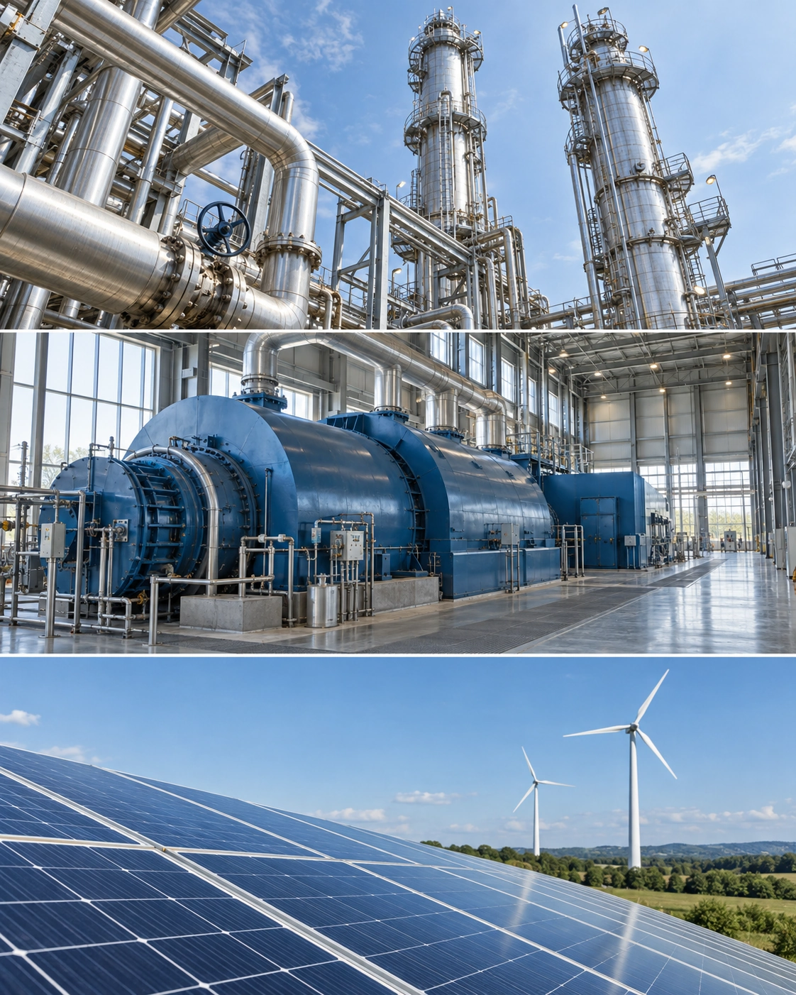 Three illustrative photographs: refinery process equipment, a turbine-generator hall, and solar panels with wind turbines